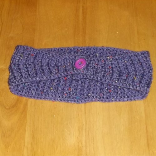 Purple coloured knitted headwear, handmade by Longhaired Jewels